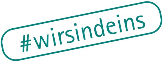 Logo mit Schriftzug '#wirsindeins' auf weißem Hintergrund.