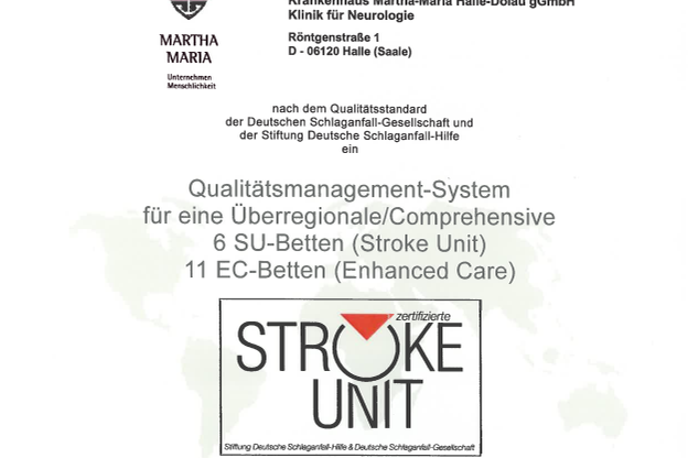 Zertifikat für Qualitätsmanagement-System der Stroke Unit im Krankenhaus Martha-Maria.