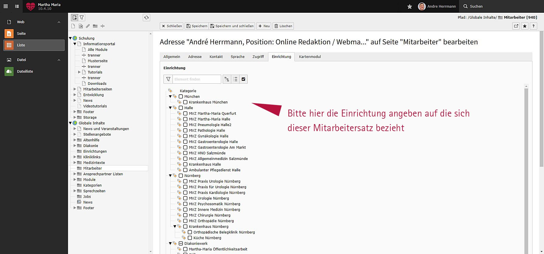 Screenshot der Zuordnung von Mitarbeitern zu Einrichtungen im Verwaltungsportal.