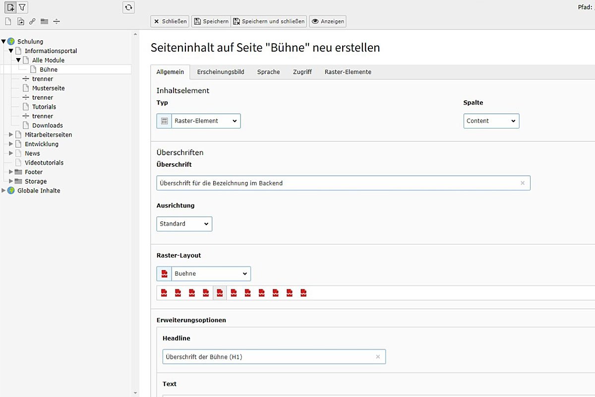 Screenshot einer CMS-Oberfläche zur Erstellung von Bühnenseiteninhalten.