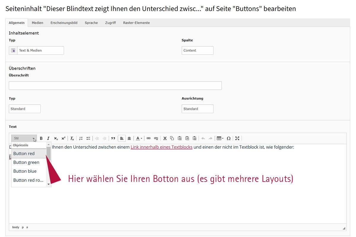 Screenshot eines Texteditors mit Auswahlmenü für Button-Stile.