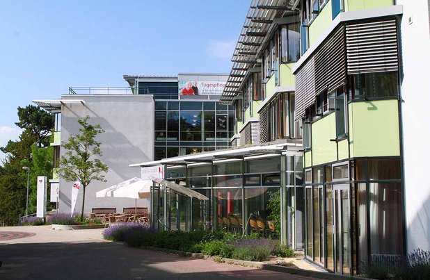 Modernes Gebäude mit grüner Fassade und Glasfront an einem sonnigen Tag.