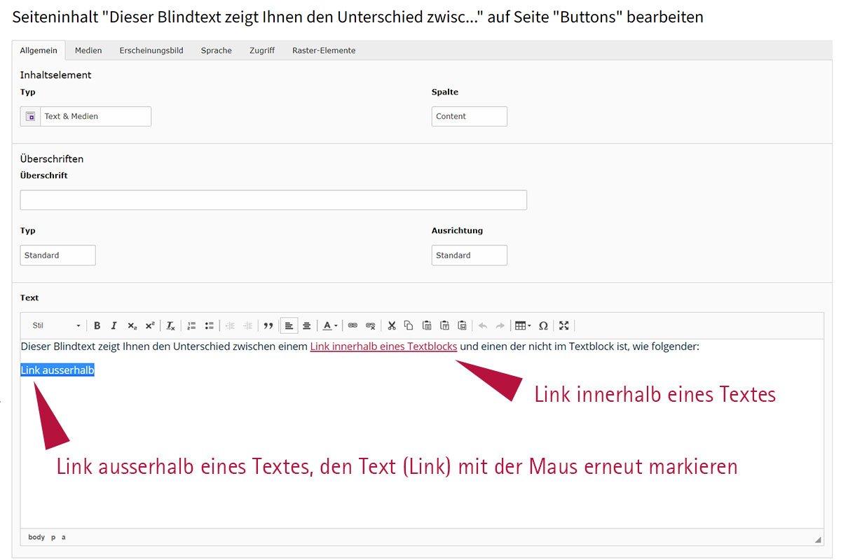 Screenshot zeigt Texteditor mit markierten Links innerhalb und außerhalb Textblocks.