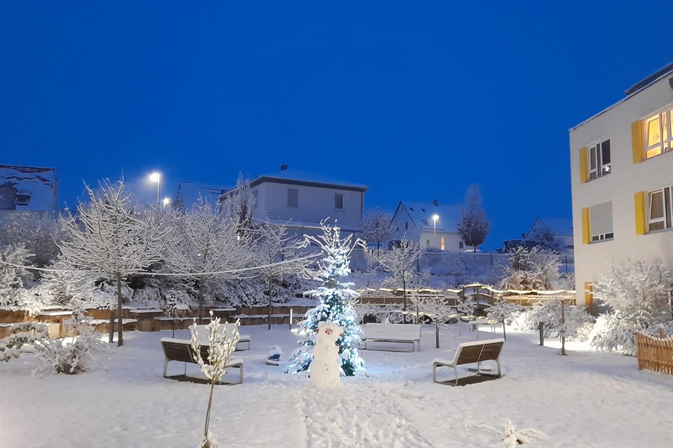 Verschneiter Garten im Seniorenzentrum Eckental, mit beleuchtetem Tannenbaum.