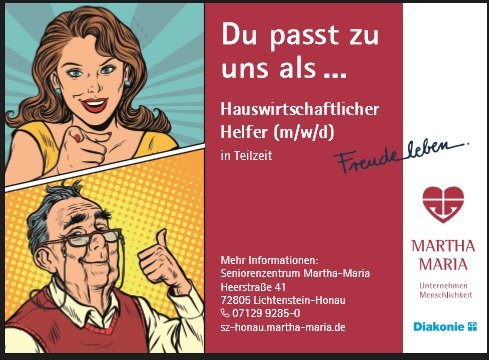 Werbung für Teilzeit-Hauswirtschaftshelfer am Seniorenzentrum Martha-Maria Lichtenstein-Honau.