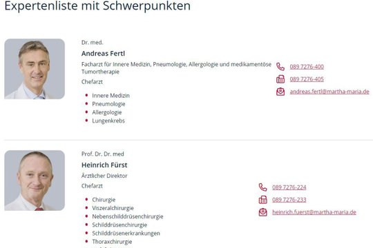 Zwei Expertenporträts mit Kontaktdaten, symbolisieren medizinische Fachkompetenz und Erreichbarkeit.