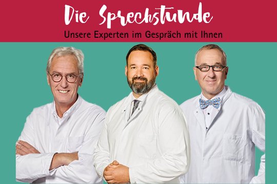 Drei Ärzte in weißen Kitteln vor türkisfarbenem Hintergrund, Text: Die Sprechstunde.